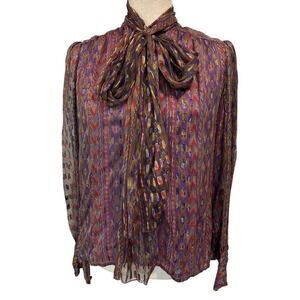 Sheer Multi-Color Tie-Neck Blouse